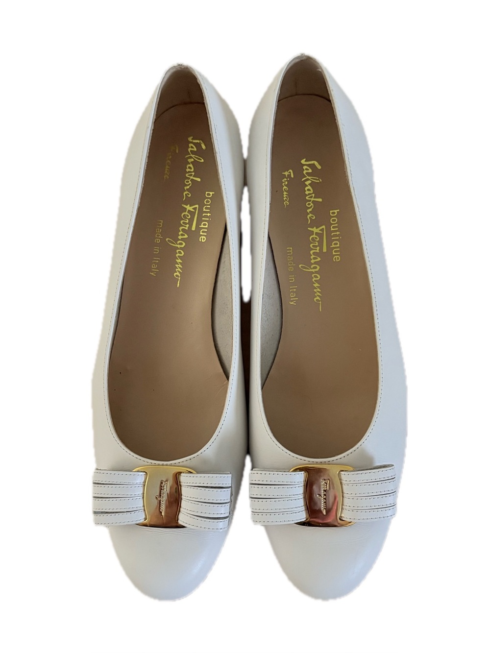Salvatore Ferragamo Lillaz Off White Cream Leather Bow Block Heel Pumps 8B⁠